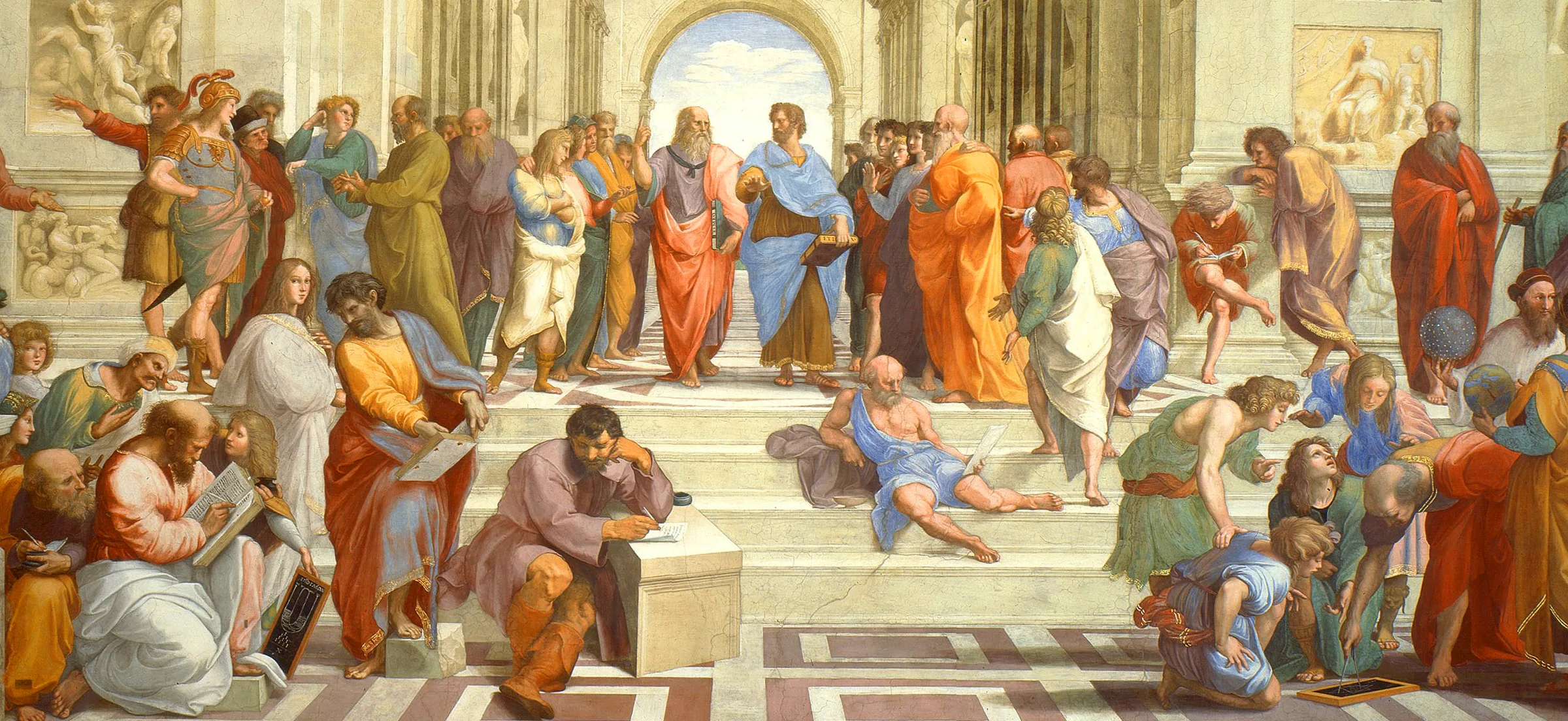 A Escola de Atenas, de Rafael: filósofos reunidos sob grandes arcos