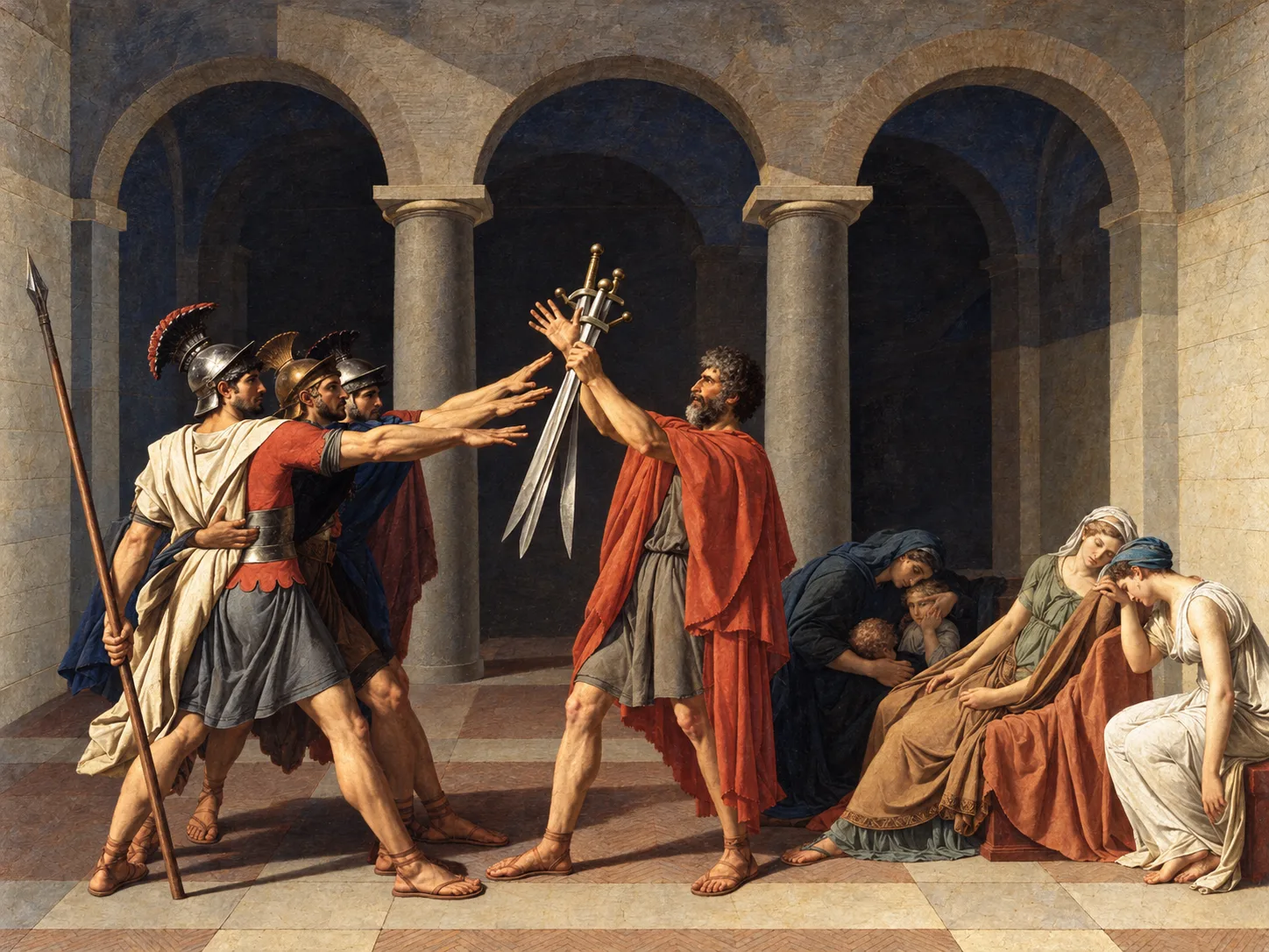 O Juramento dos Horácios, de Jacques-Louis David: três irmãos erguem o braço num juramento